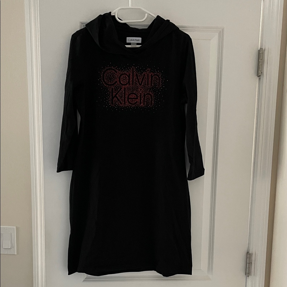Calvin Klein Black Hoodie Dress with Red Logo Detail